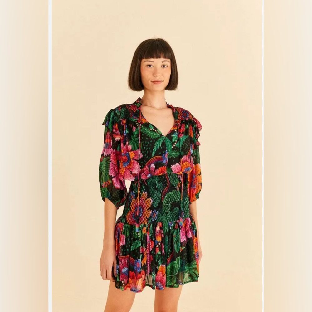 Farm Rio Black Blooming Garden Mini Dress Blooming Garden Size Large